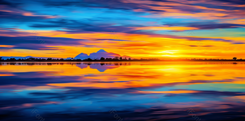 日出彩霞映在水面染红的湖面五彩斑斓,高清,摄影图,摄影图片,图片大全,摄影图免费下载